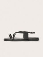 Women’s Black Square Toe Flat Roman Sandals – Metal Buckle Casual Shoes for Daily Wear