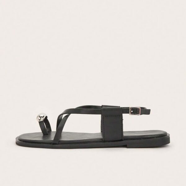 Women’s Black Square Toe Flat Roman Sandals – Metal Buckle Casual Shoes for Daily Wear