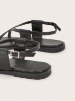 Women’s Black Square Toe Flat Roman Sandals – Metal Buckle Casual Shoes for Daily Wear - Image 4